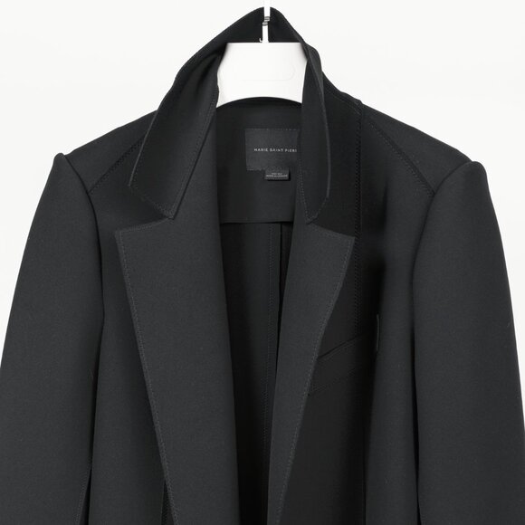 Marie Saint Pierre Black Neoprene Open-Front Ruffle-Pocket Coat - Picture 3 of 9